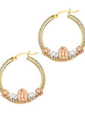 14K Gold tri color Lady Guadalupe Hoop Earrings